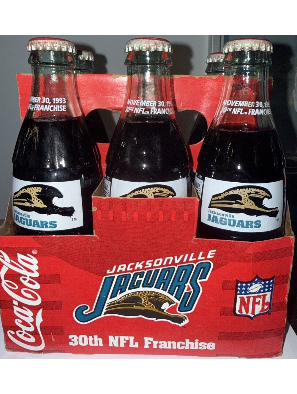 RARE 1993 Jacksonville Jaguars Original "Lawsuit" Logo Coke Bottles Full 6-Pac